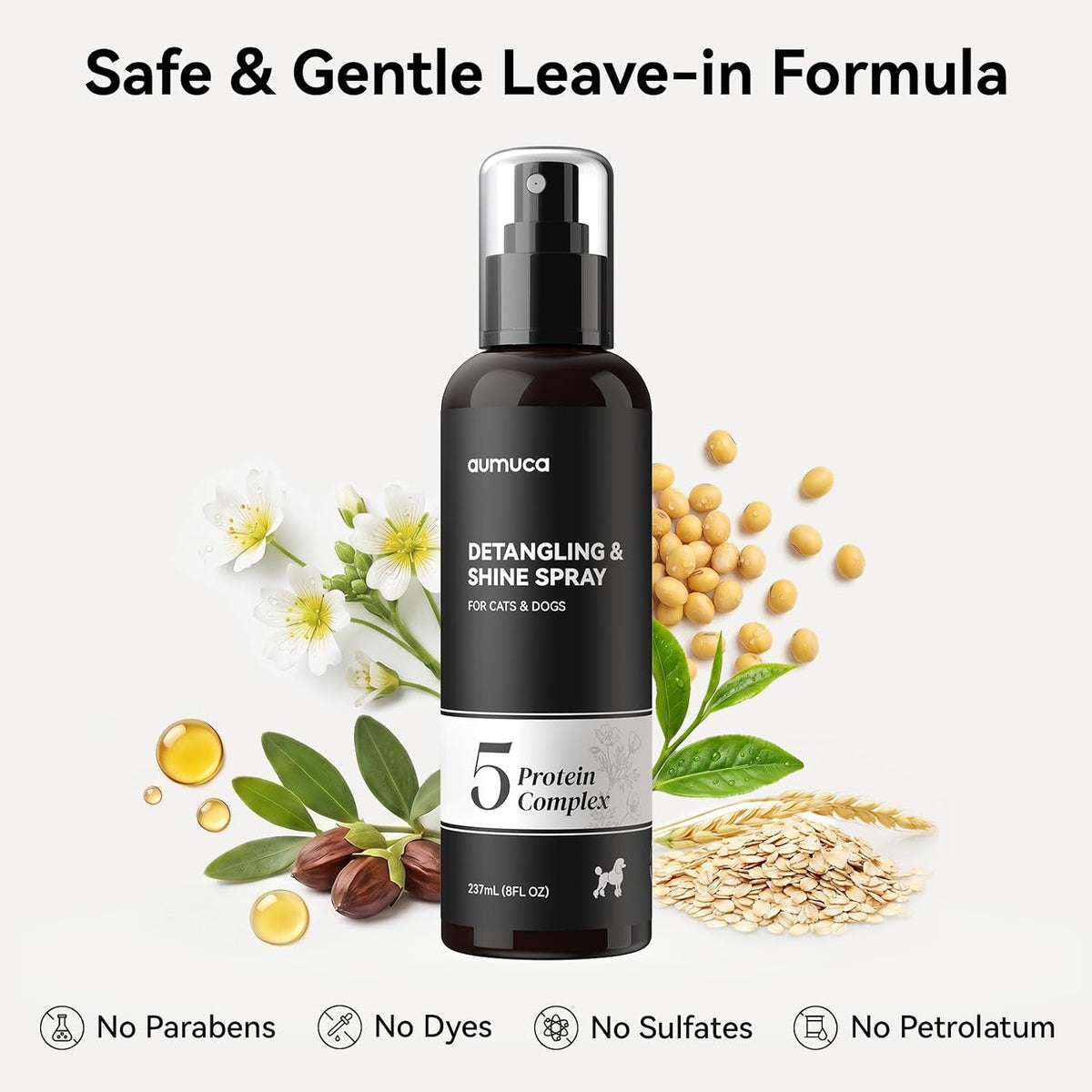 Aumuca meadowfoam scent dog detangler nozzle cap view showing bottle details.