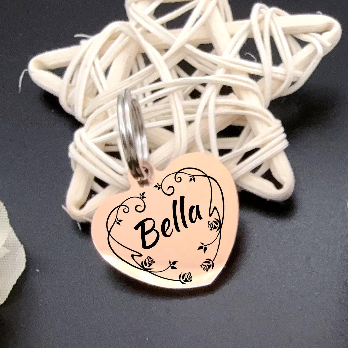 Handmade customized pet ID tag showing double sided text engraving for dog and cat safety.