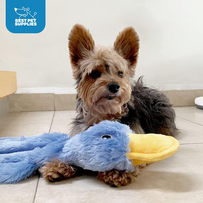 Interactive yellow duck plush toy highlighting the soft dental friendly fabric