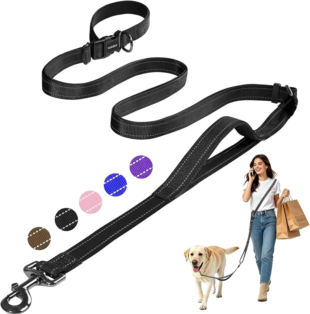 Kazazoo hands free dog leash front view showing adjustable black nylon strap for running.