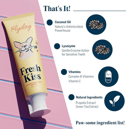 FlyDog enzymatic peanut butter dog toothpaste tube next to a three hundred sixty degree toothbrush