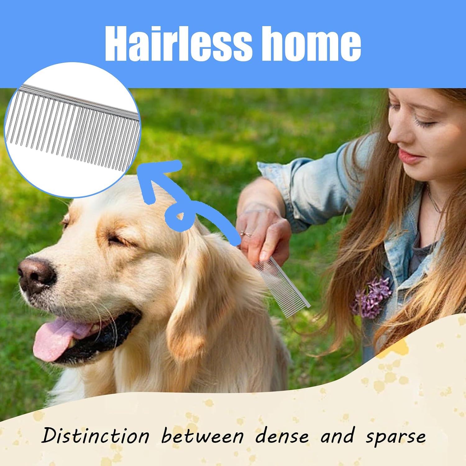 Long handle stainless steel dog grooming brush alongside detangling metal comb on clean background