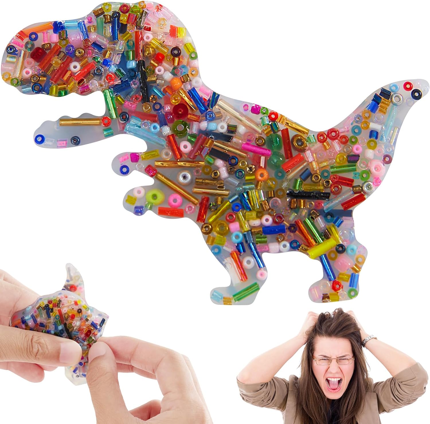 Hopihy Skin Picking Fidget Toy front view showing the dinosaur shape and colorful strings.