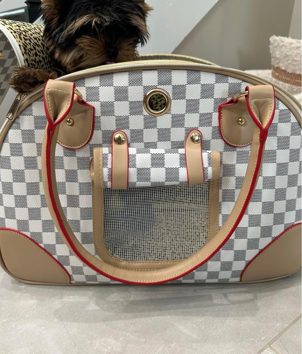 Side view of designer white and tan checkerboard pet carrier
