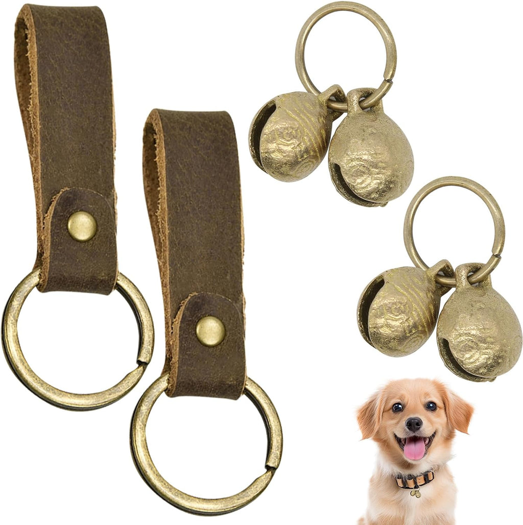 CYUXING brass dog bells with leather accessories front view on pet collar