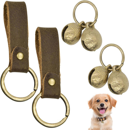 CYUXING brass dog bells with leather accessories front view on pet collar