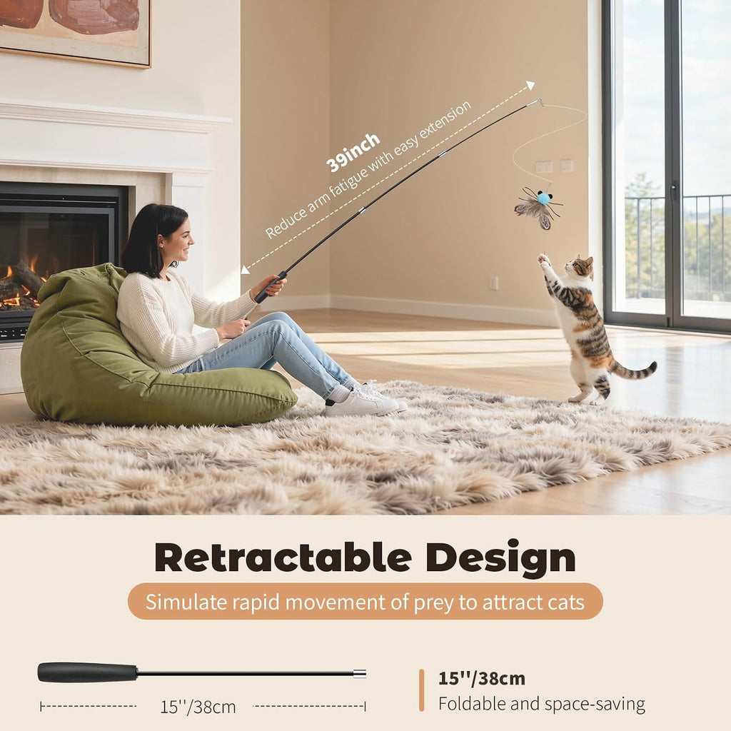 VavoPaw retractable cat teaser stick showing the four unique interchangeable sensory replacement heads.