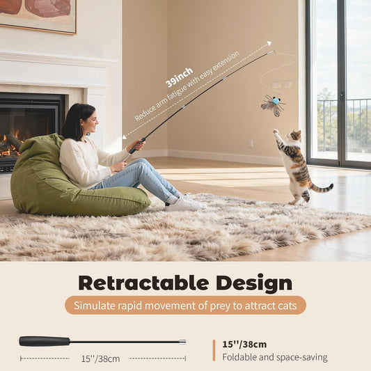 VavoPaw retractable cat teaser stick showing the four unique interchangeable sensory replacement heads.