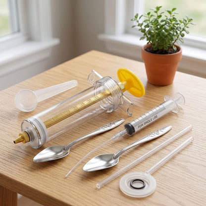 Transparent bird feeding syringe with yellow plunger