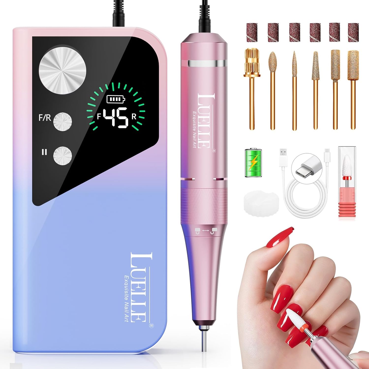 Electric Nail Drill File Professional 45000 RPM, LUELLE Electric Nail File Machine Kit for Acrylic Gel Nails Polishing Removing, Portable Rechargeable Cordless E File with Gold Bits Kit for Salon Home - Image 1