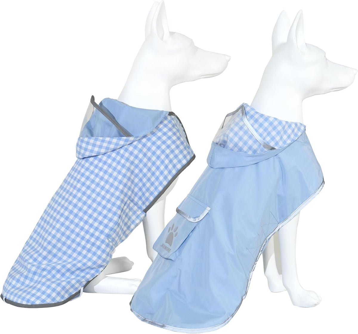 MAMORE reversible dog raincoat front view in light blue on a small breed puppy