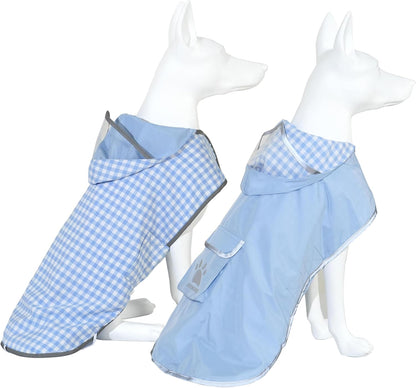 MAMORE reversible dog raincoat front view in light blue on a small breed puppy