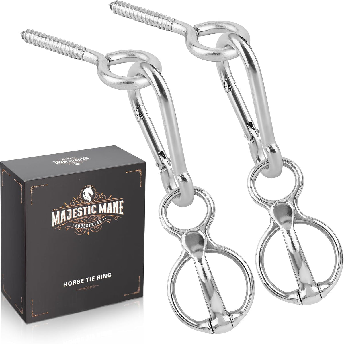 The MajesticMane Horse Tie Ring front view showing stainless steel finish and premium equestrian hardware.