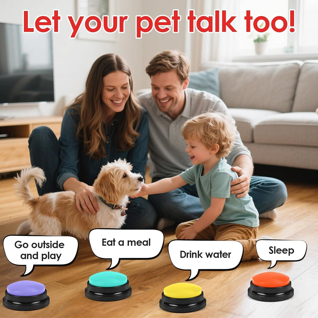 Multi colored talking buttons for dogs showing the large easy press design.