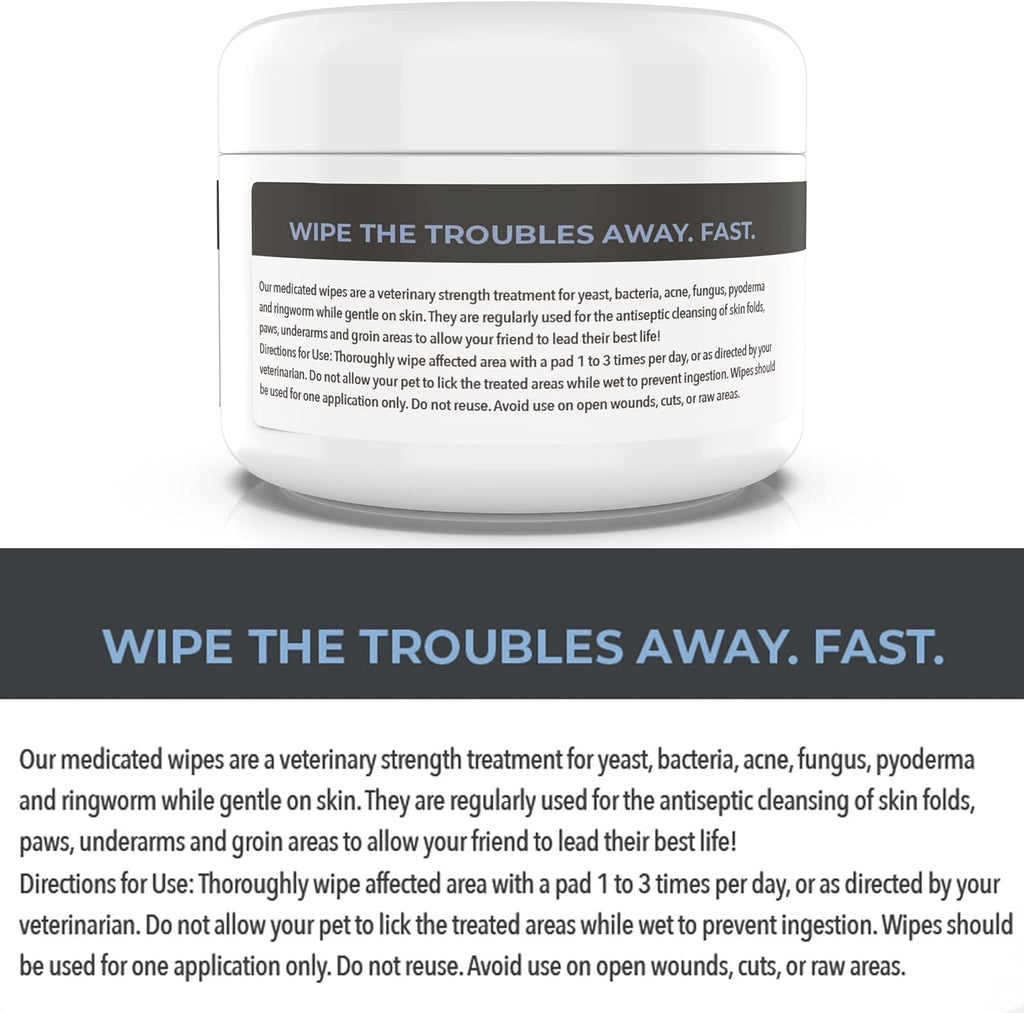 Smiling Paws Pets antifungal wipes packaging graphic displaying yeast infection relief benefits.