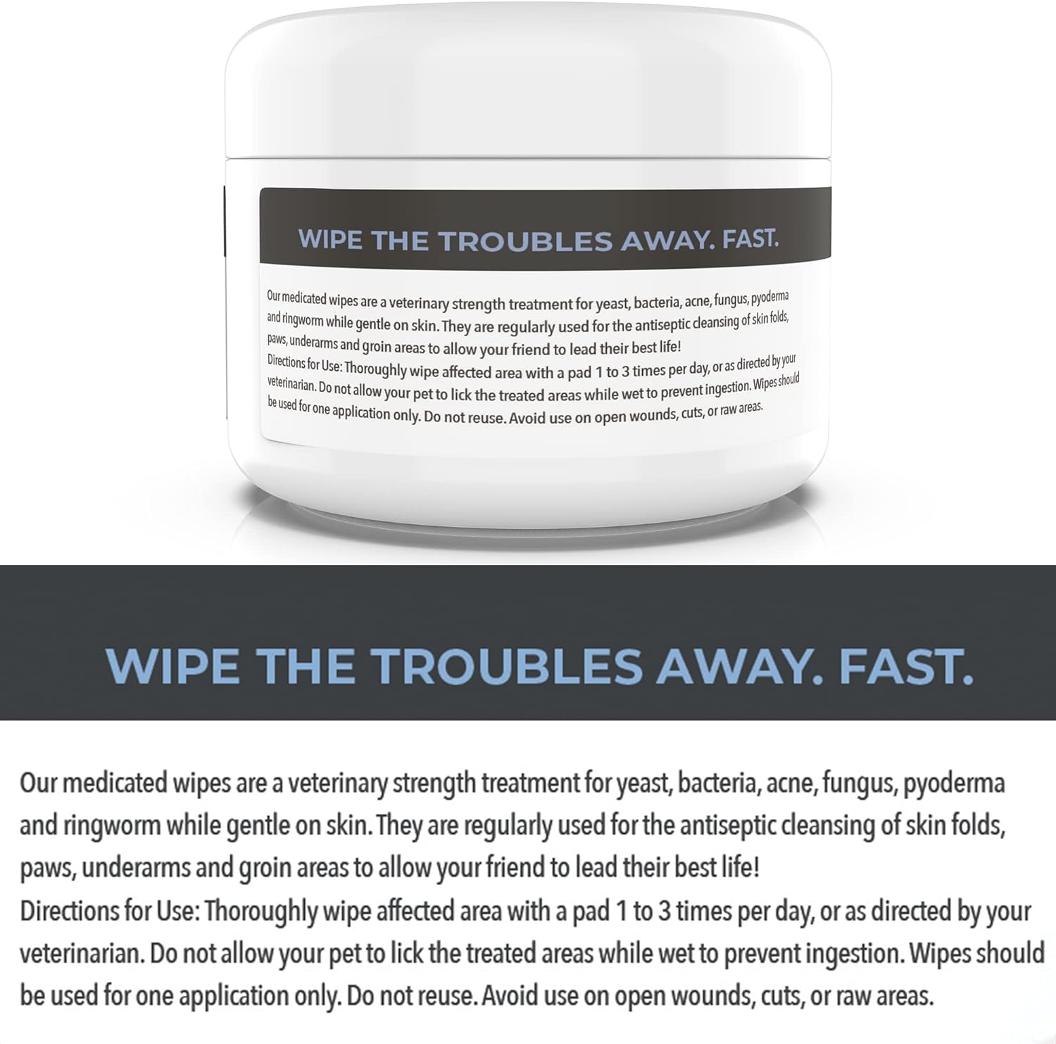 Smiling Paws Pets antifungal wipes packaging graphic displaying yeast infection relief benefits.