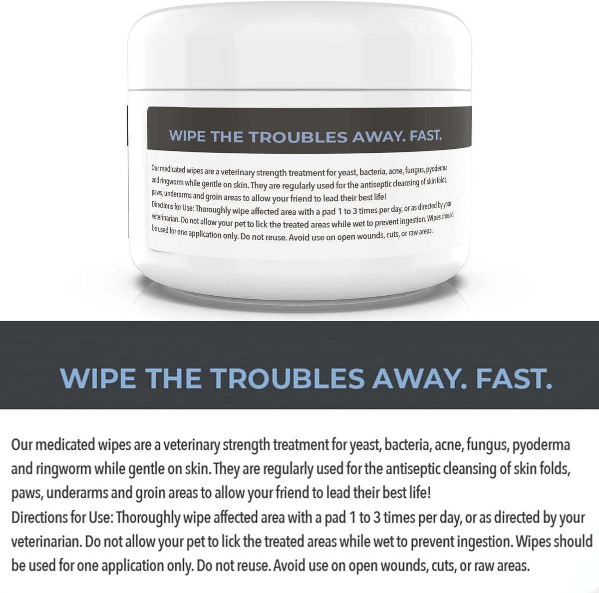 Smiling Paws Pets antifungal wipes packaging graphic displaying yeast infection relief benefits.