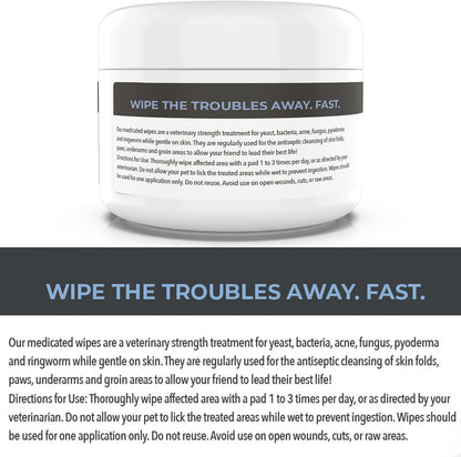 Smiling Paws Pets antifungal wipes packaging graphic displaying yeast infection relief benefits.