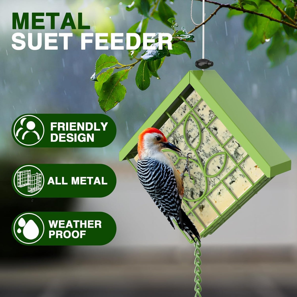 FlowaFoli green suet cage bird feeder hanging in garden