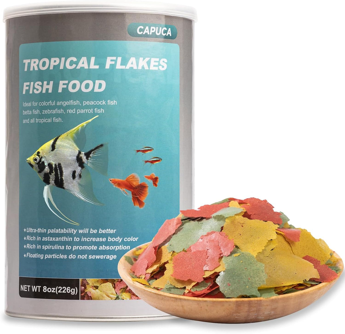 Capuca ultrathin tropical fish flakes front view of container