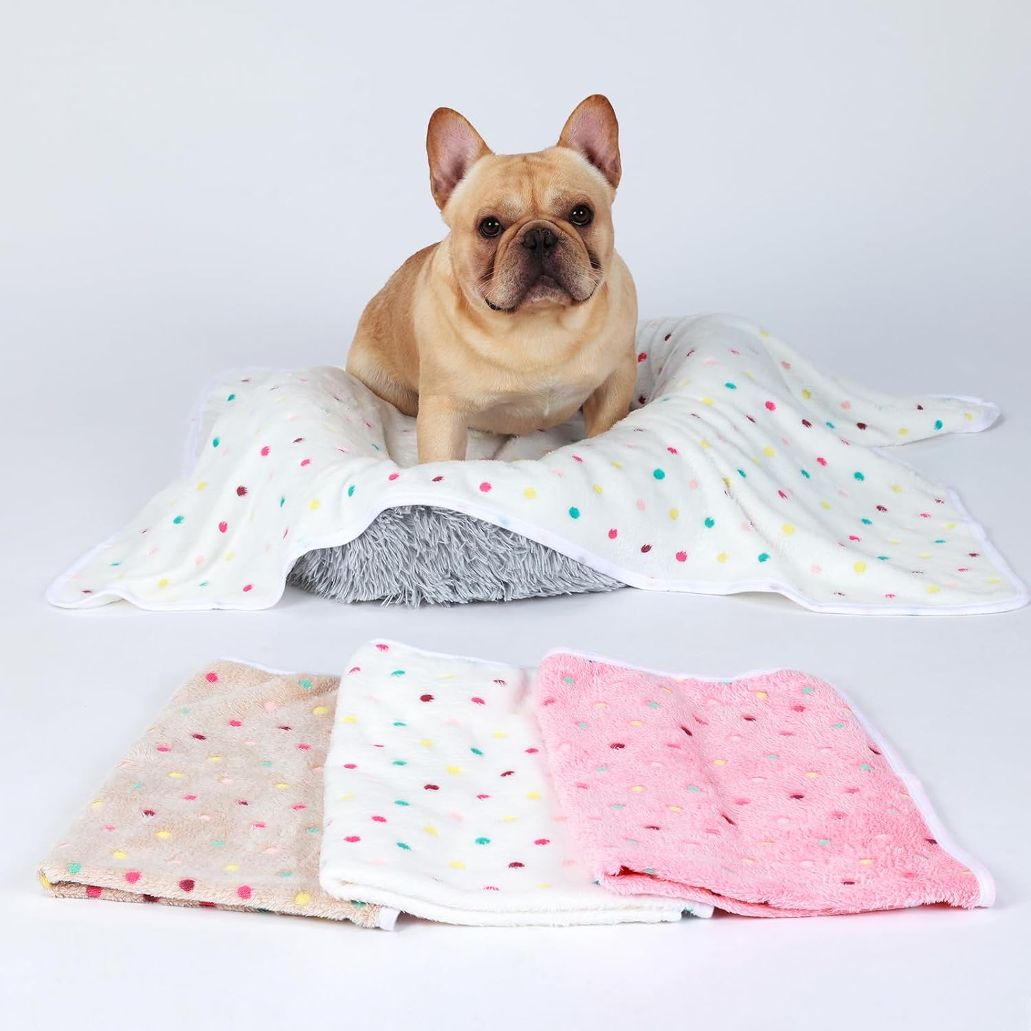 Three pack of Luciphia polka dot pet throws arranged neatly side by side