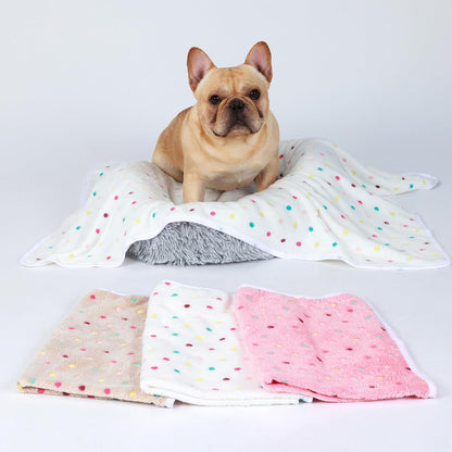 Three pack of Luciphia polka dot pet throws arranged neatly side by side