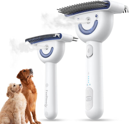 FeelNeedy dog brush for shedding with steam front view showing dual-sided steel pins.
