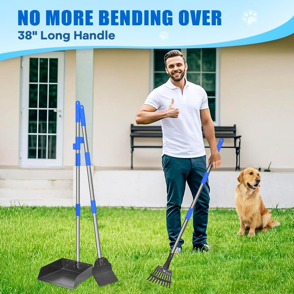 Non stick stainless steel pet shovel scooping waste from concrete and gravel paths.