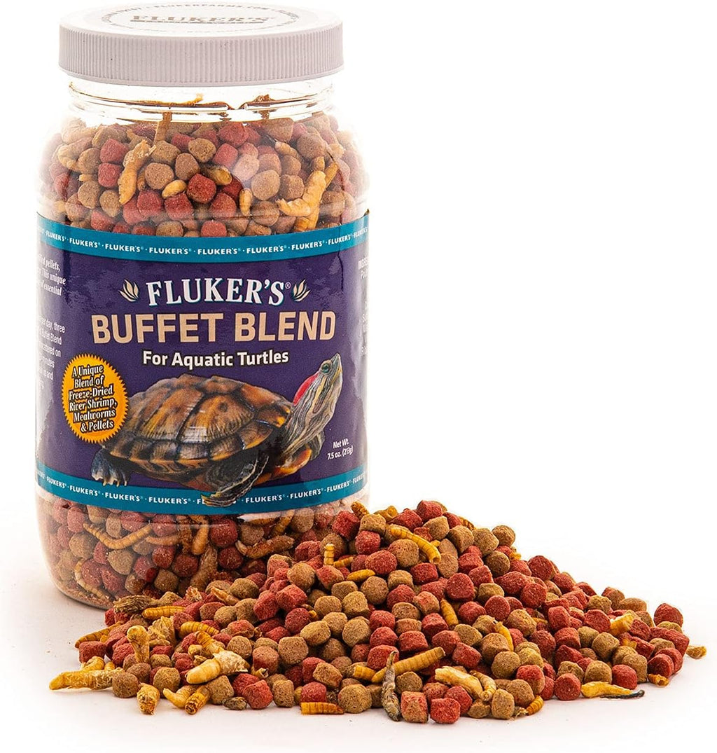 Fluker's turtle food jar showing freeze-dried shrimp and mealworms