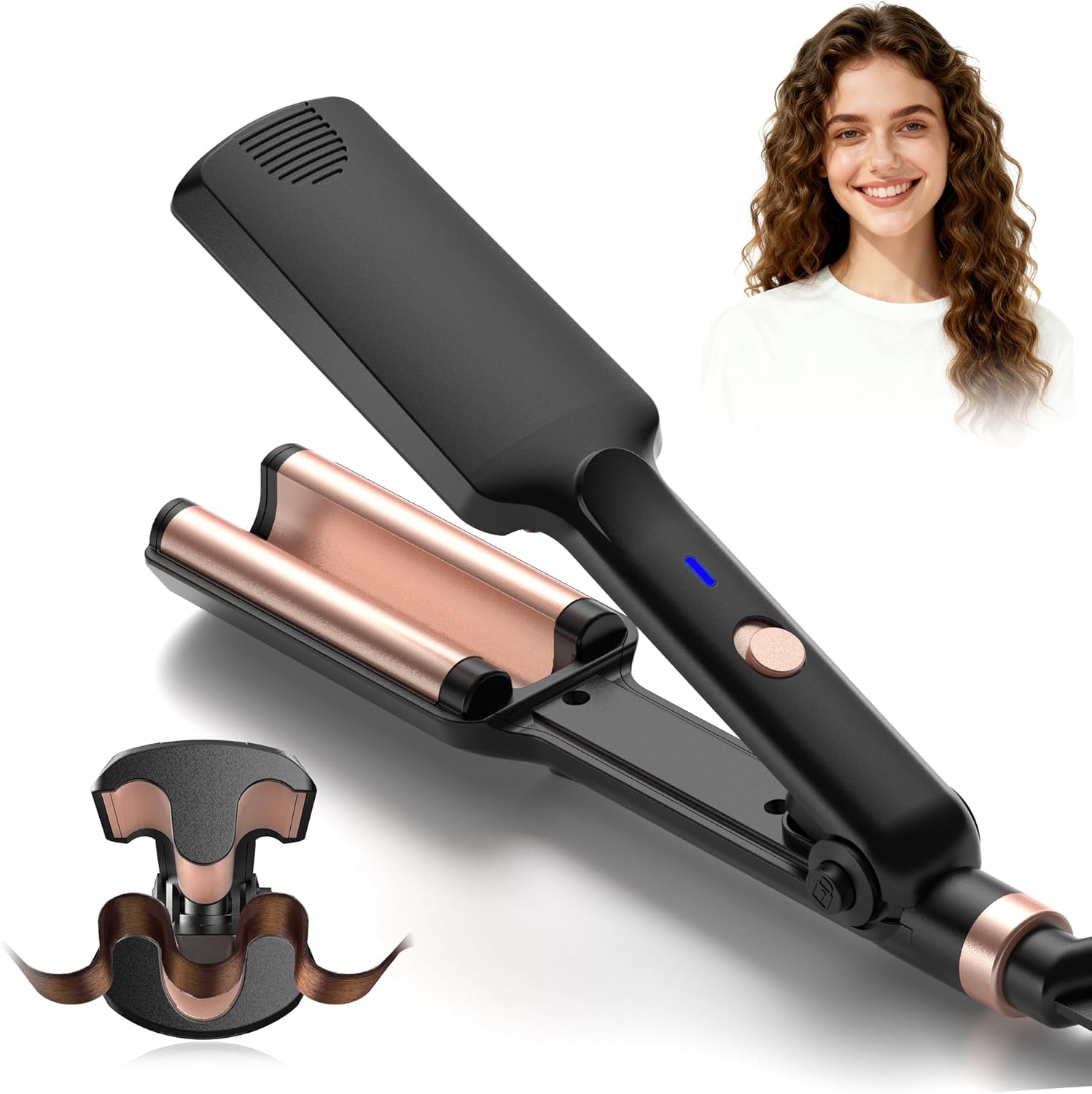 Trylater mini hair crimper tool front view showing black casing and rose gold ceramic plates