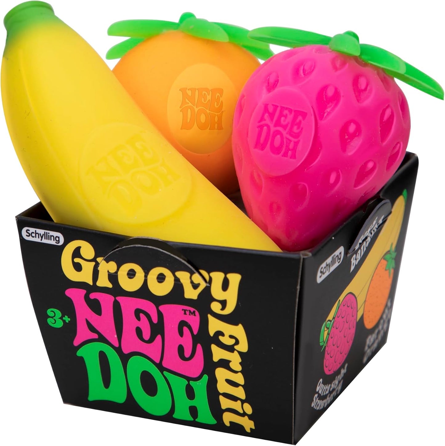 Schylling NeeDoh Groovy Fruit sensory fidget toy front view showing orange strawberry and banana shapes.