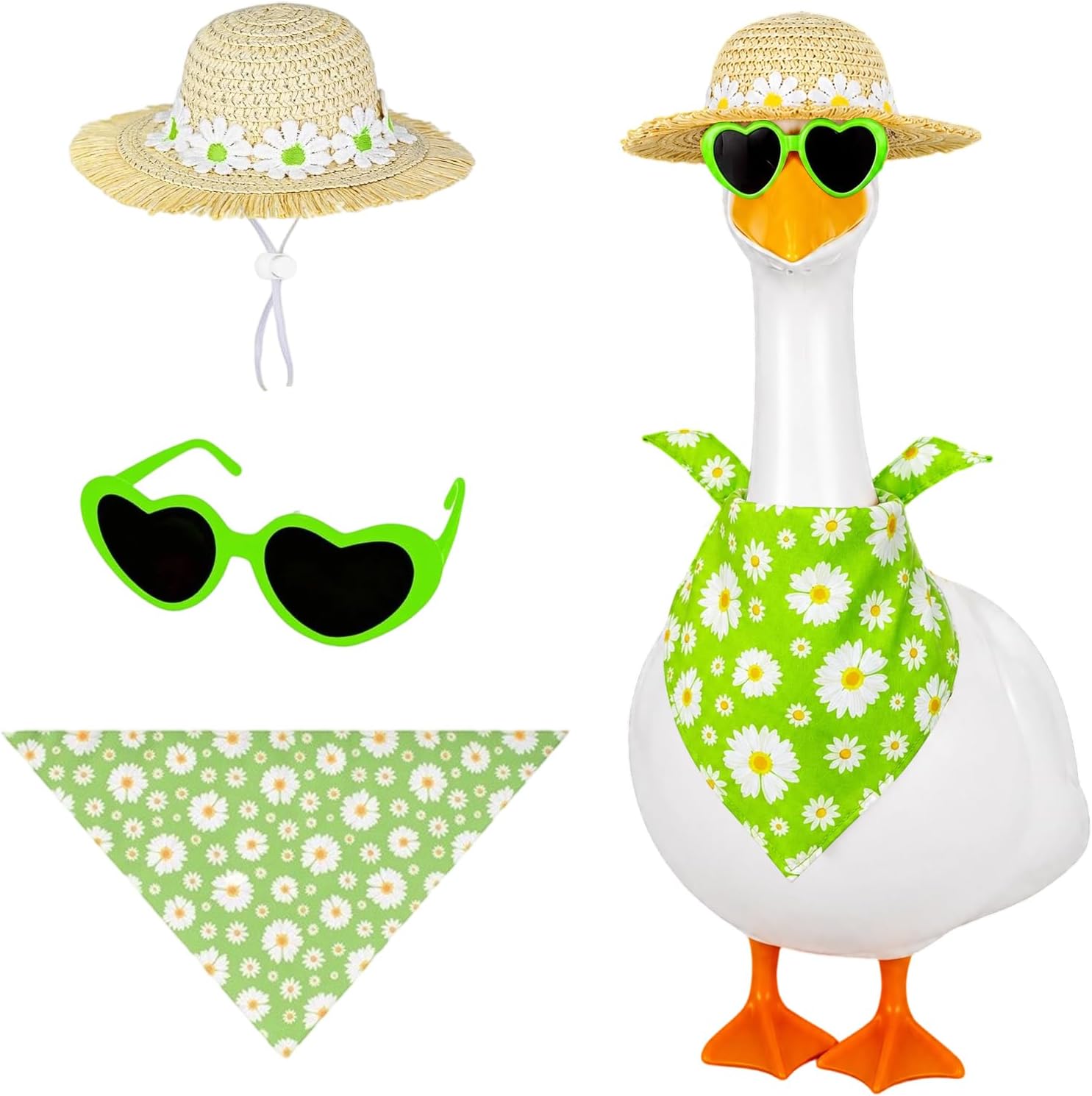 Summer Spring Porch Goose Outfit, 17/23" Garden Patio Lawn Goose Clothes with Straw Hat Glasses & Bandana Bib for Outdoor Garden Yard Decor (Sunflower) - Image 9