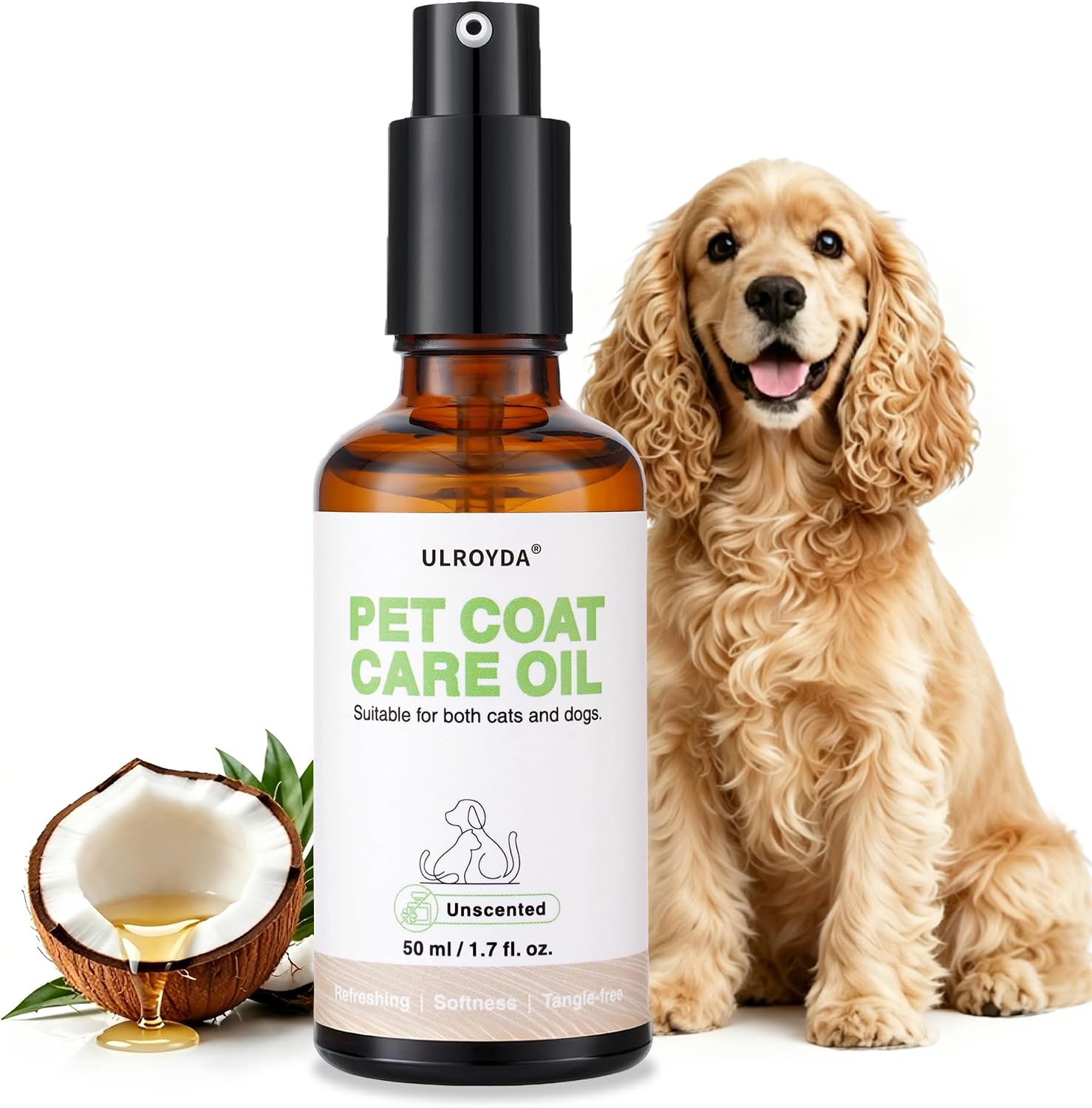 Ulroyda Unscented Pet Fur Care Oil front view of the bottle showing leave in conditioner packaging