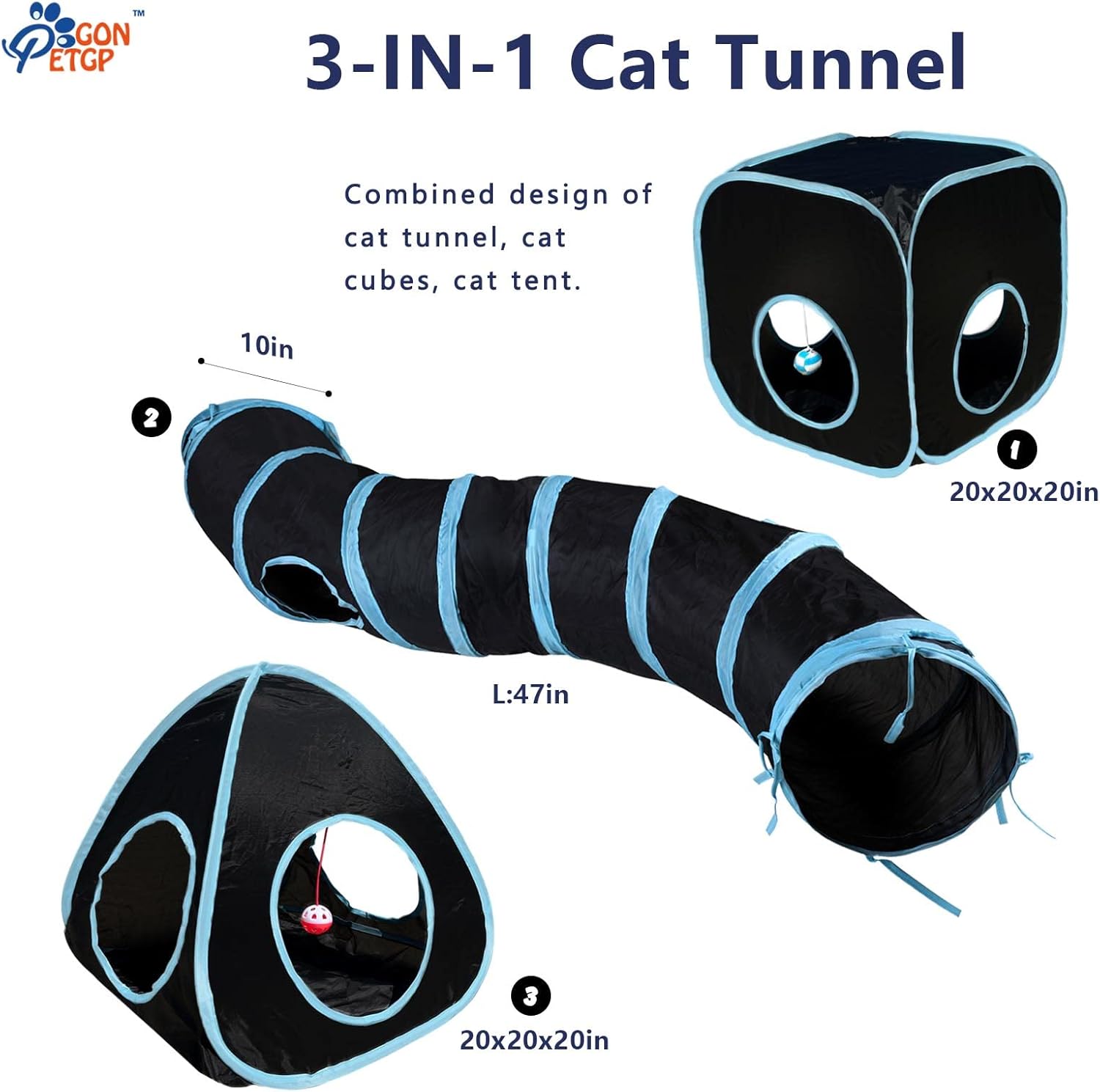 Collapsible blue and black crinkle cat tube with peek holes