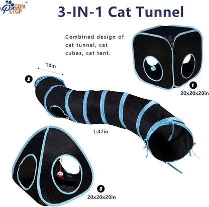 Collapsible blue and black crinkle cat tube with peek holes