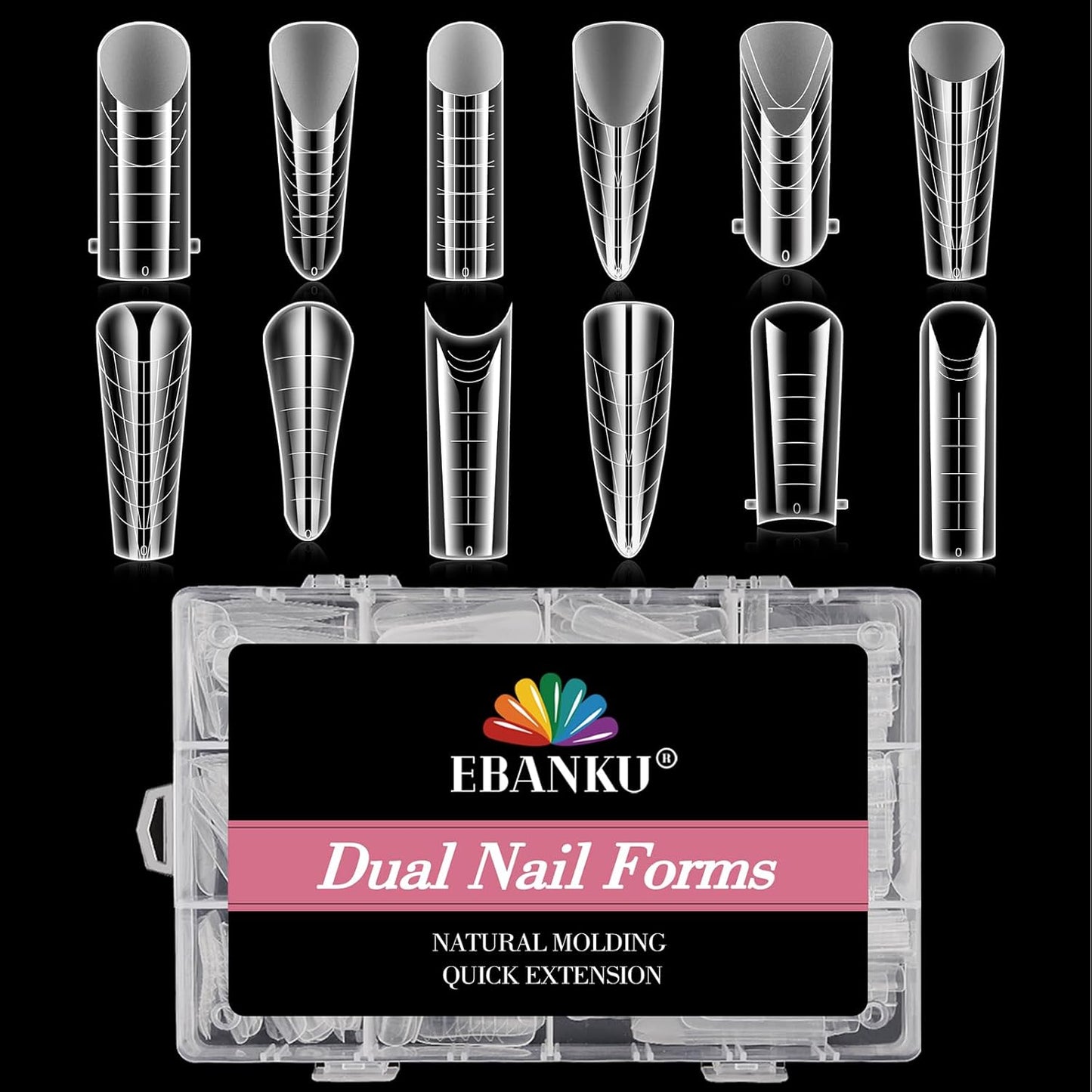 Ebanku 288 pieces clear dual nail forms for polygel extensions front view