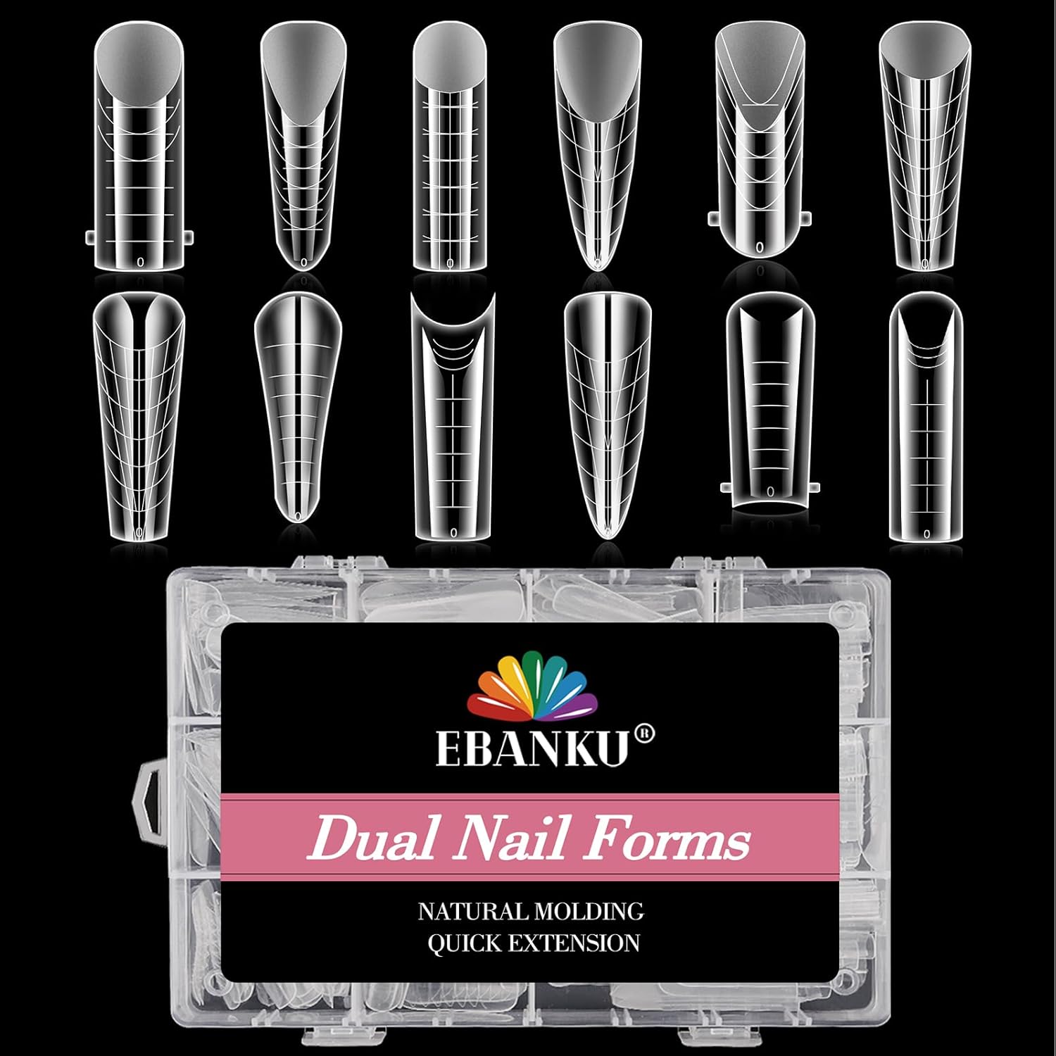 Ebanku 288 pieces clear dual nail forms for polygel extensions front view