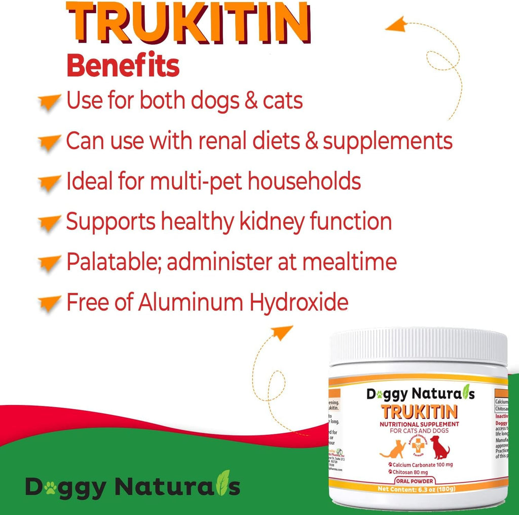 Close-up of Trukitin phosphorus binder powder showing directions for mixing with pet food.