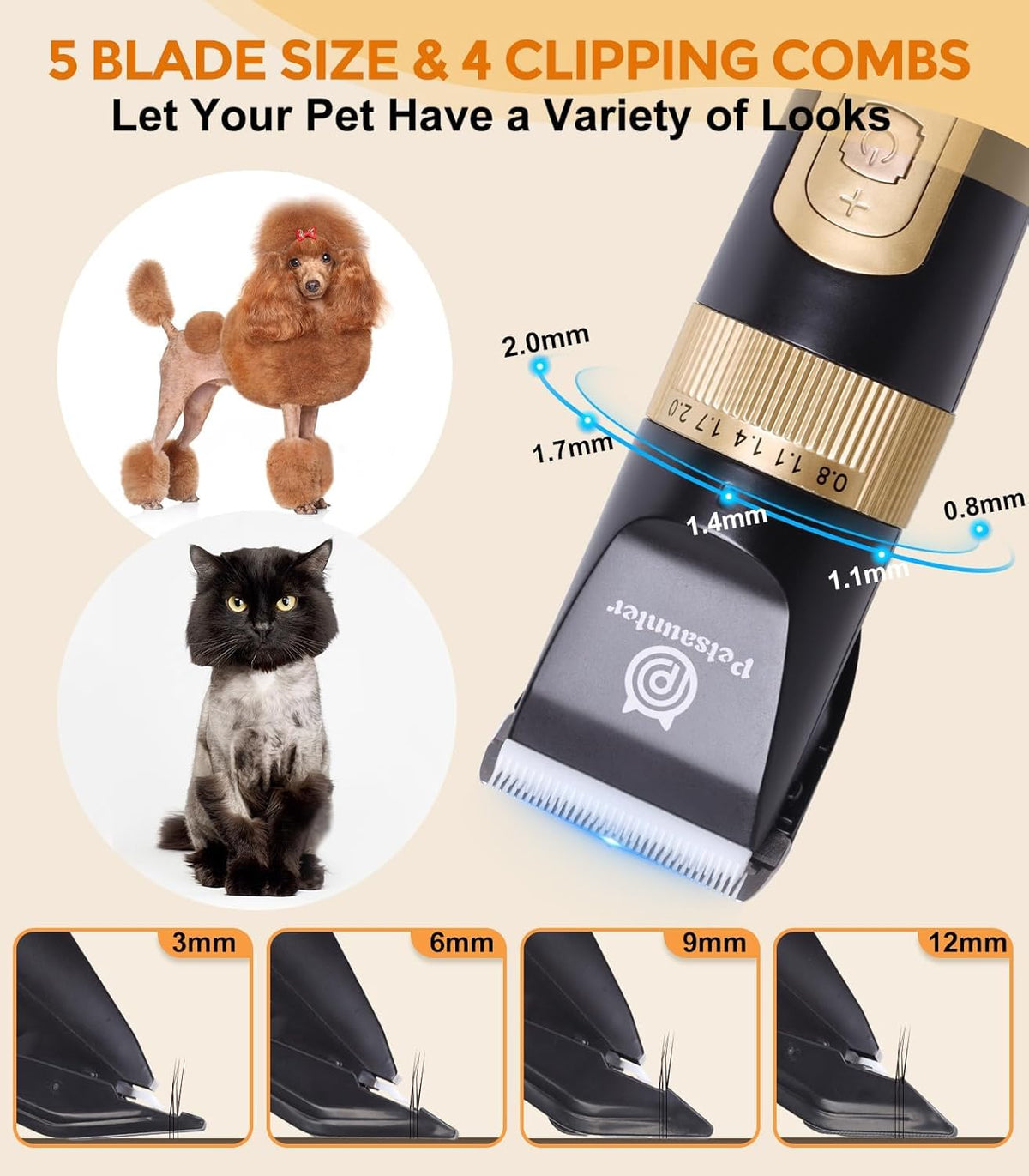 Petsaunter cordless pet trimmer displaying four speed settings on screen