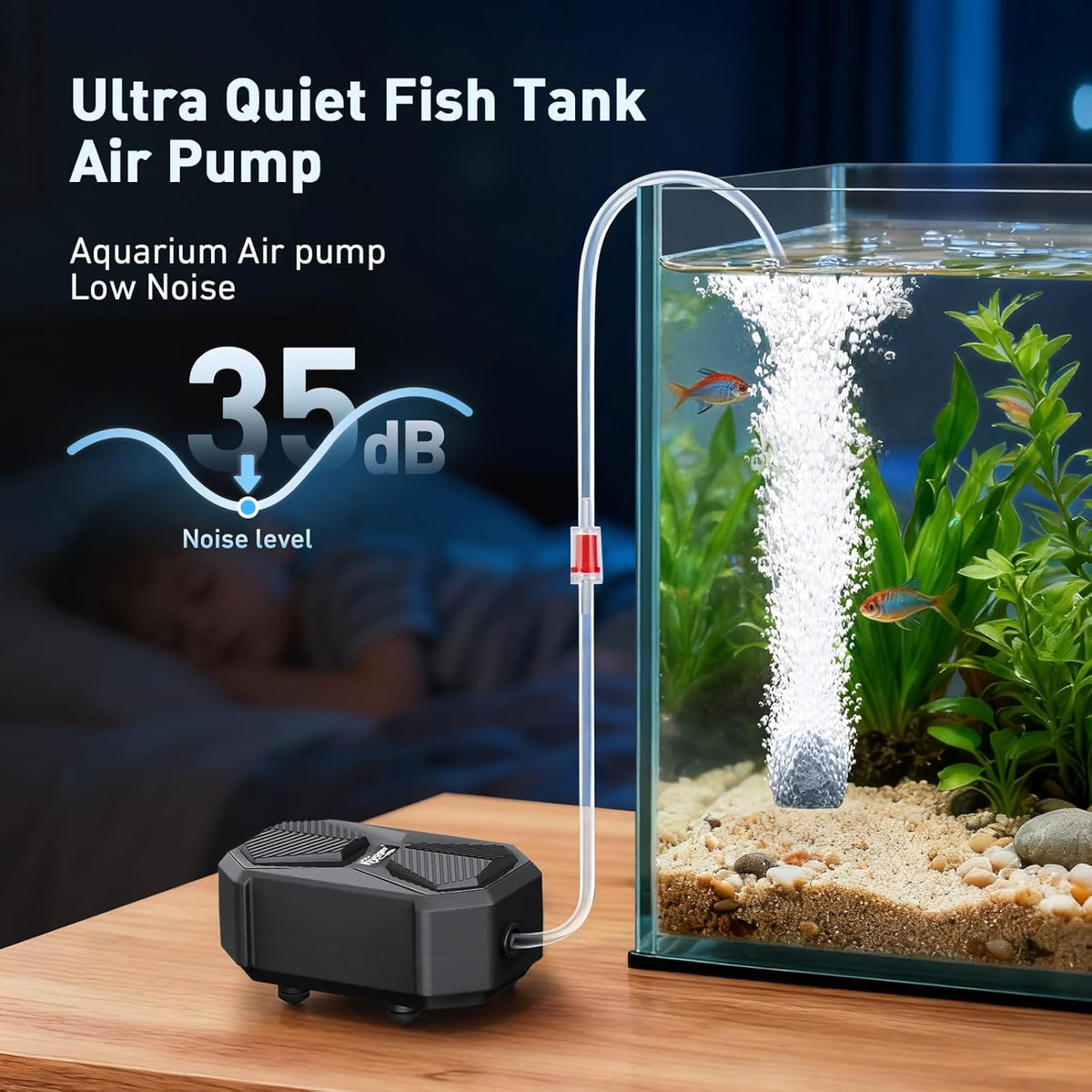 Close up of Hygger oxygen aerator showing compact design.