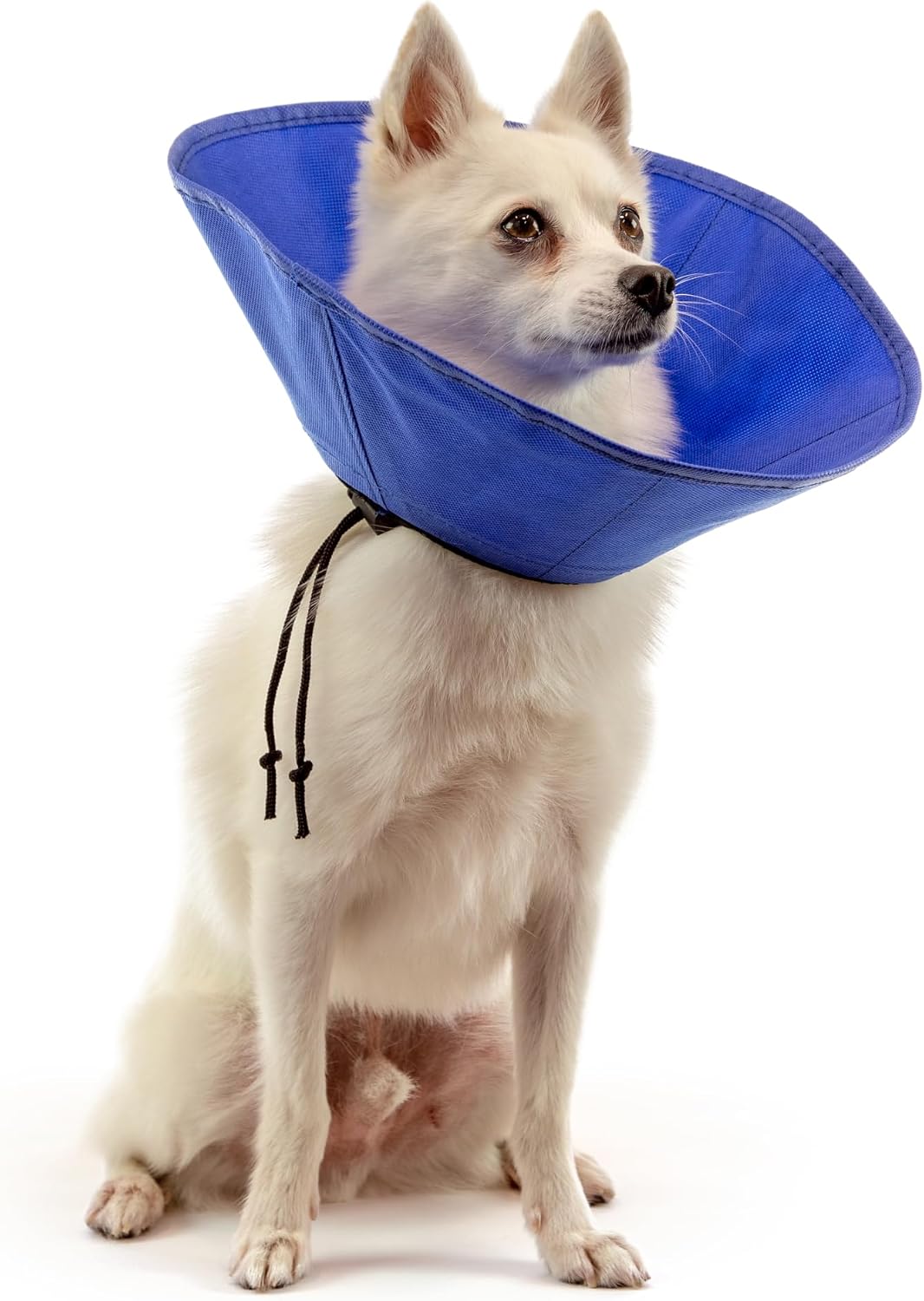 Extra Small KVP protective fabric e-collar demonstrating the adjustable cinch-tight toggle system.