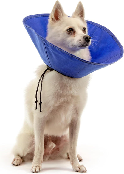 Extra Small KVP protective fabric e-collar demonstrating the adjustable cinch-tight toggle system.