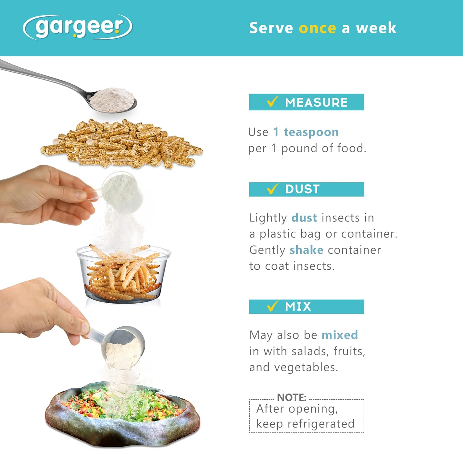 Gargeer probiotic supplement mixing with reptile food