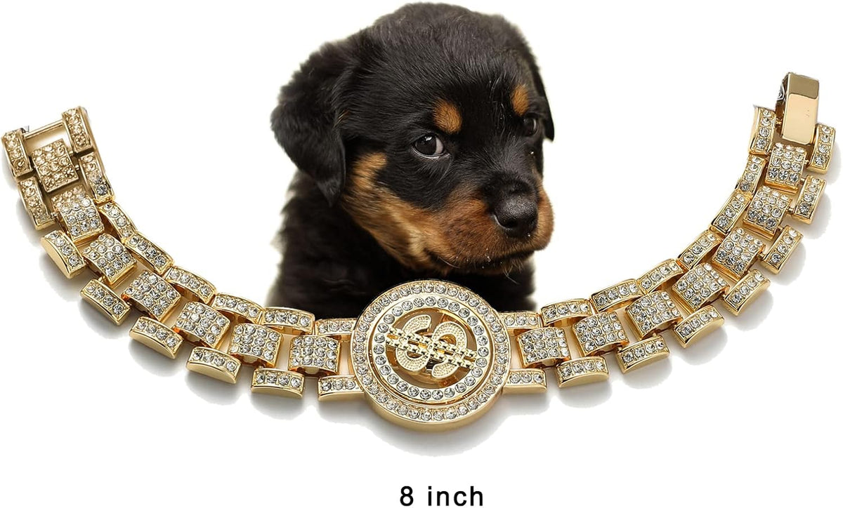Alloy material cuban link chain for small dogs laid flat on a neutral background.