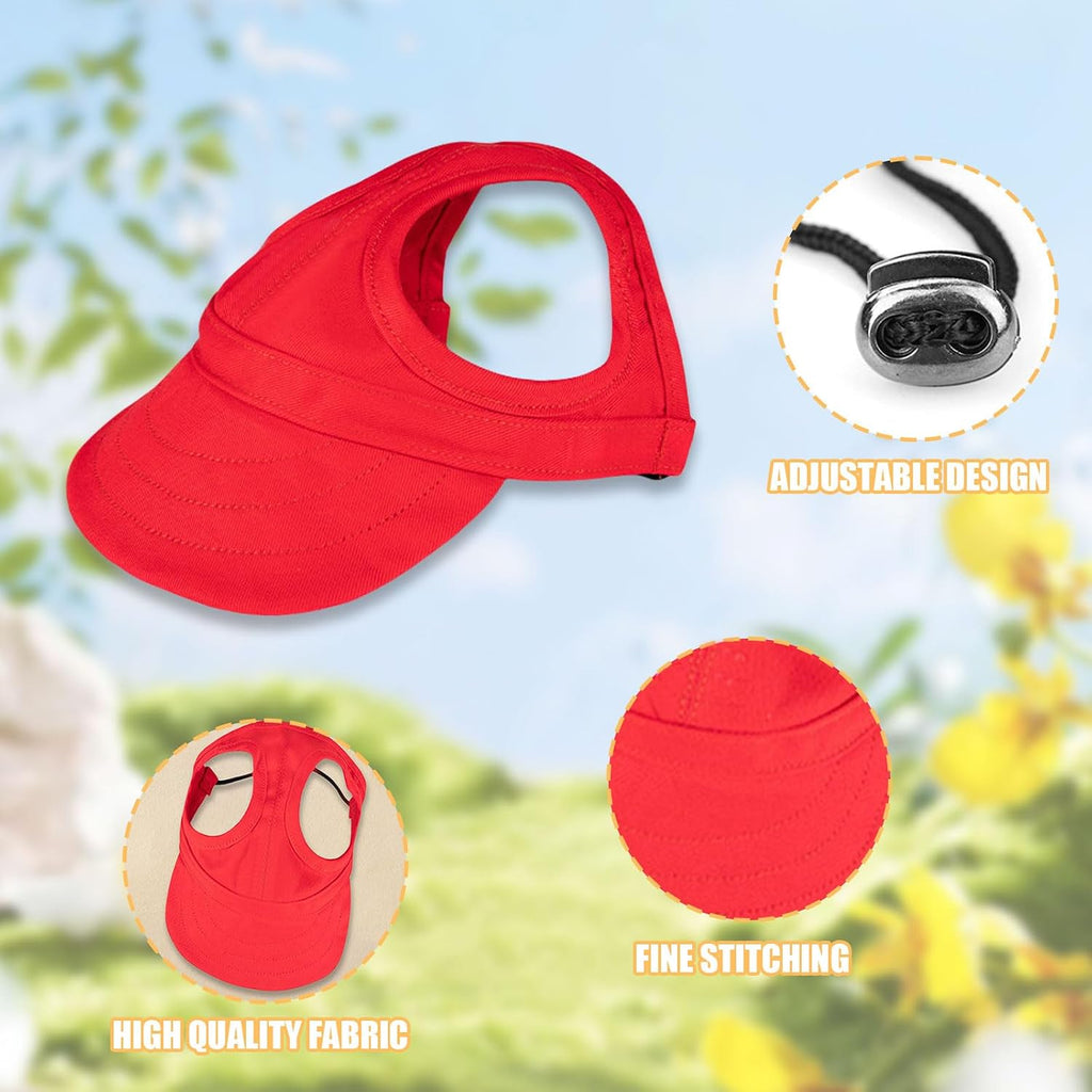 Dog wearing red summer baseball cap outdoors