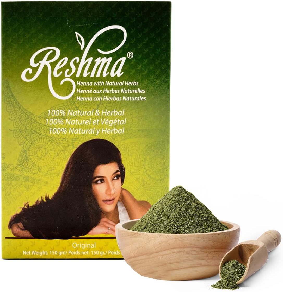 Reshma Beauty 100 Percent Pure Henna Powder packaging front view showing Ayurvedic natural hair color details.