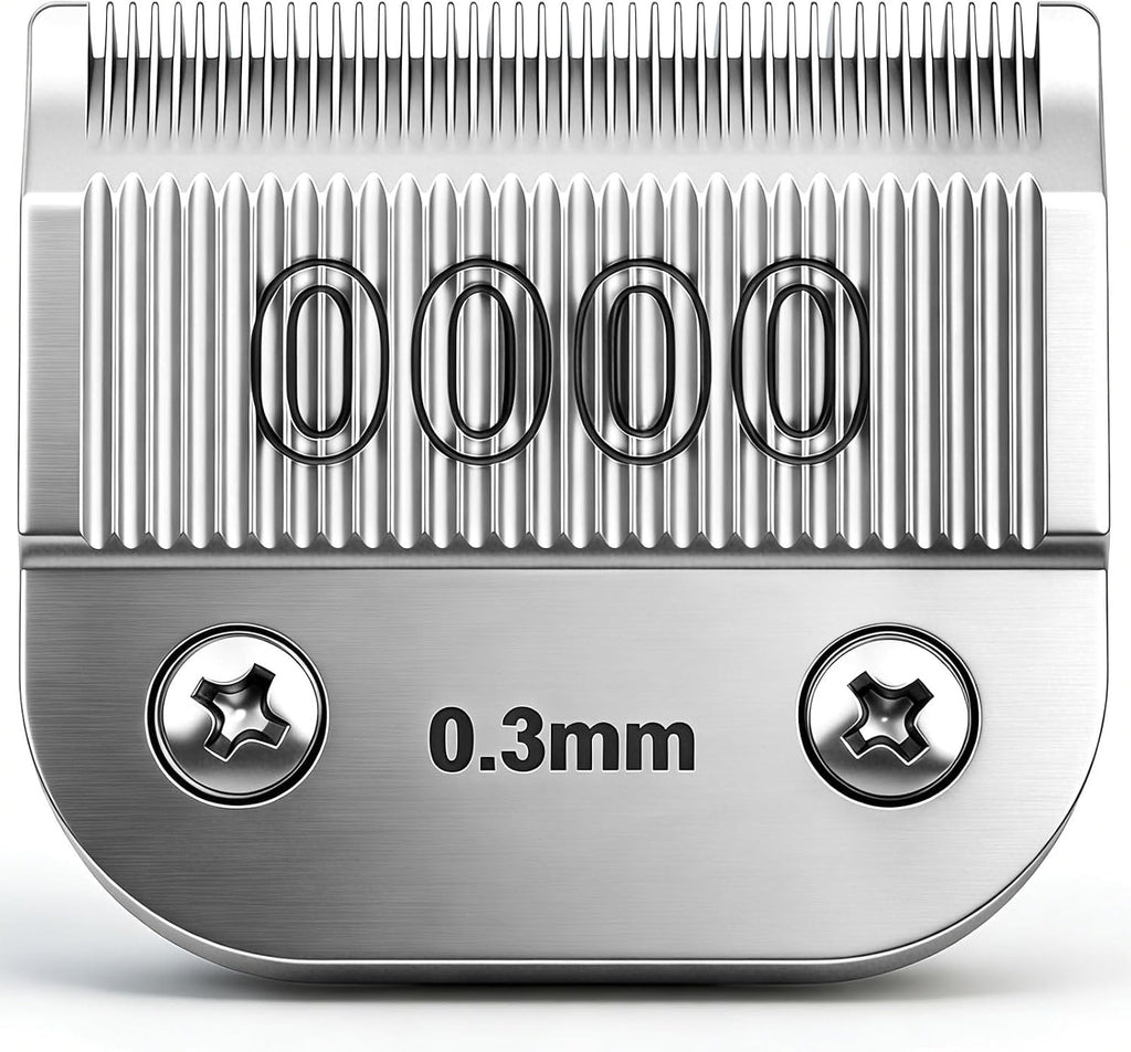 Ruzros imported seven piece professional clipper blades array detailing size markings on surface.