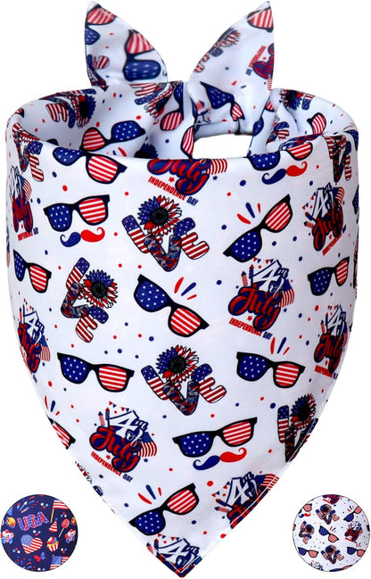 Large dog wearing patriotic Independence Day scarf