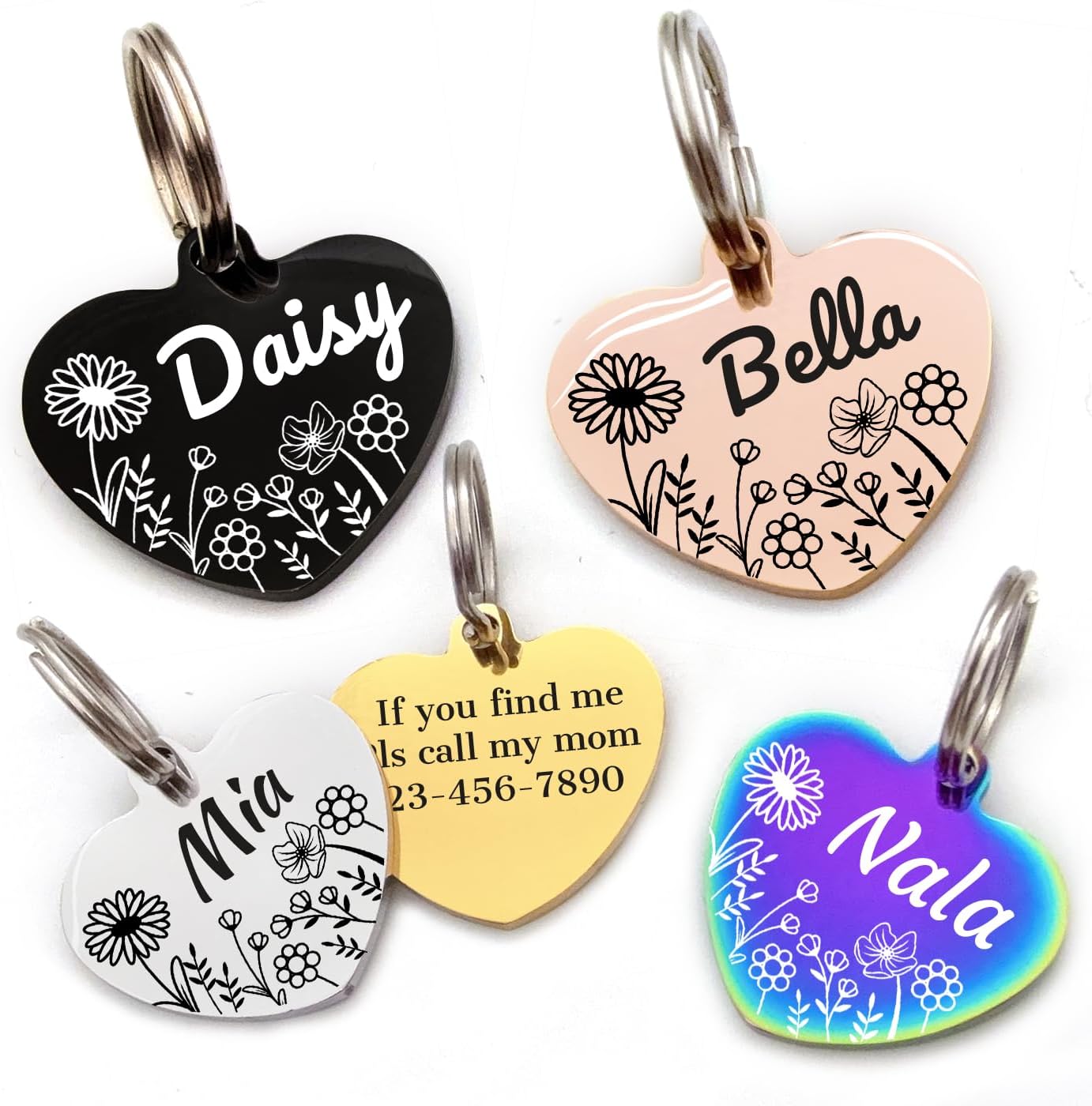 Personalized Dog Tags, Stainless Steel Pet Tags Personalized Cat, Collar Charm Engraved on Both Sides, up to 4 Lines of Custom Text, Multiple Patterns Colors Size Options (Flower, Small) - Image 14