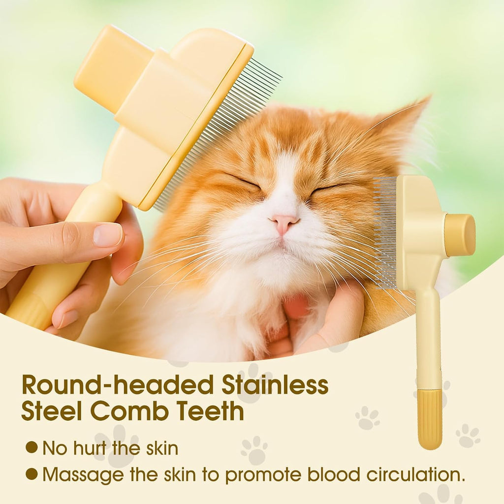 Hand holding yellow pet grooming comb for cats and dogs